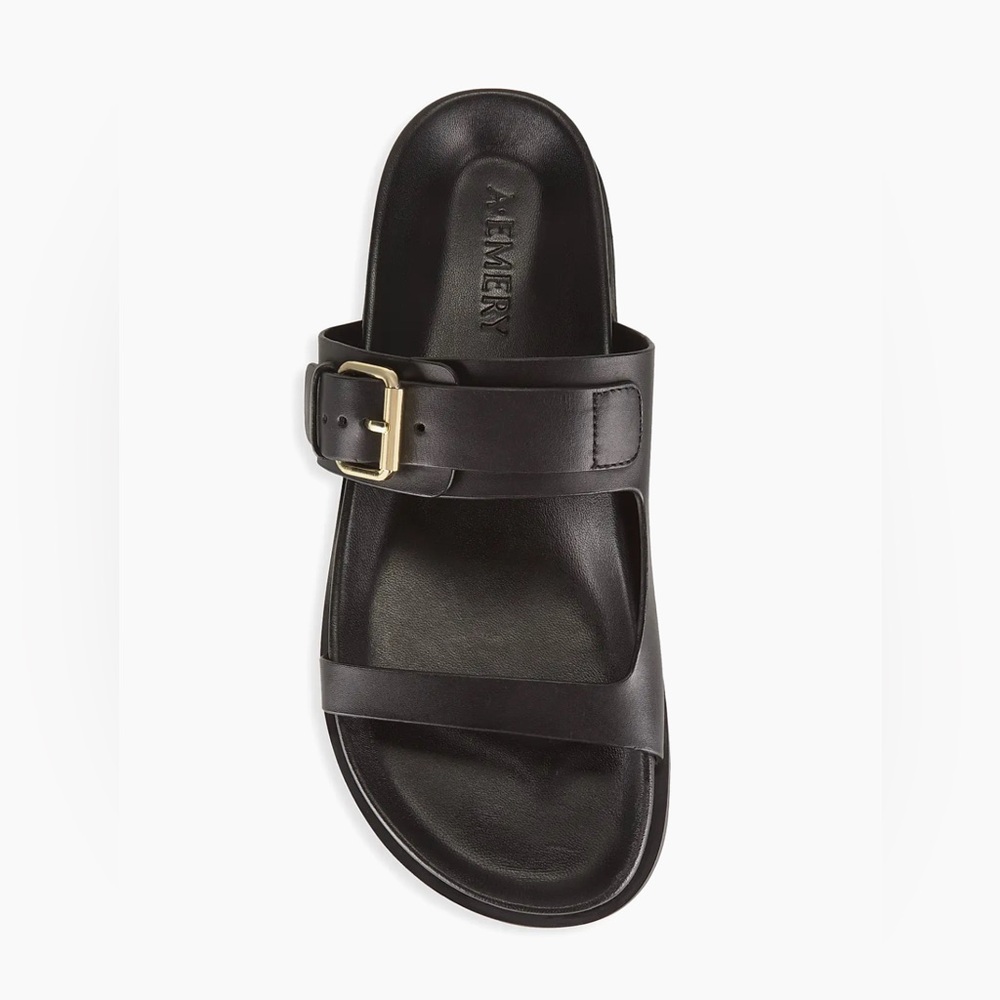 A Emery Prince Sandal Black Slide Sandals with Gold Buckle